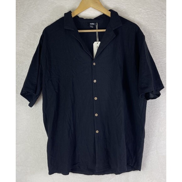 Ouku Mens Linen Cotton Blend Short Sleeved Button Shirt Black XL Beach Vacation - Picture 1 of 9